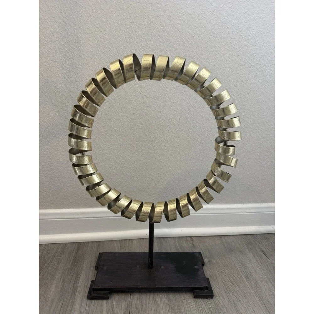 Arena Gold Finish Metal Sculpture, Iron Mount, Wooden Base. Zen-inspired Accent